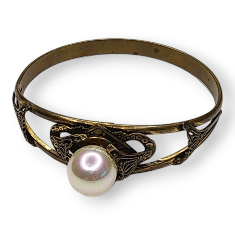 Vintage Art Deco Style Nemco Bracelet Jewelry Faux Pearl and Brass Bangle